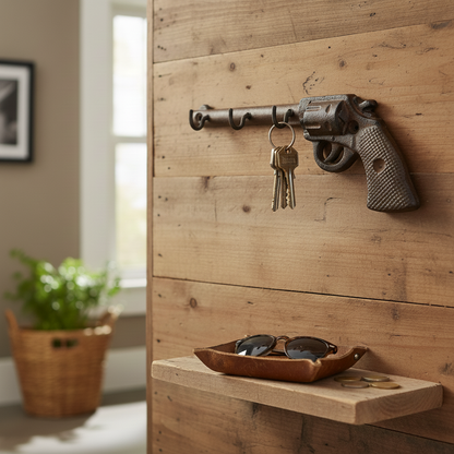 Western Cast Iron Gun Hooks, Vintage Revolver Wall Organizer