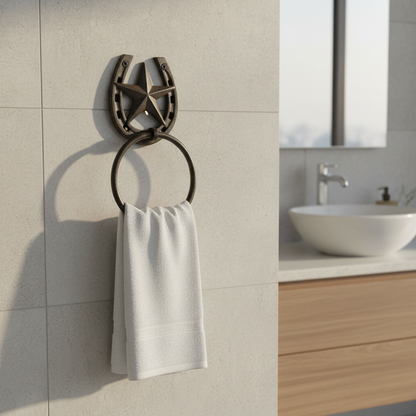Western Star & Horseshoe Cast Iron Towel Ring, Rustic Country Bathroom Accent