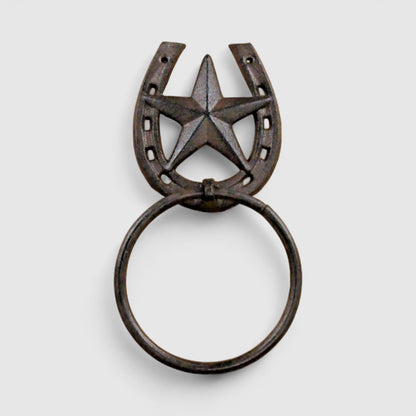 Western Star & Horseshoe Cast Iron Towel Ring, Rustic Country Bathroom Accent